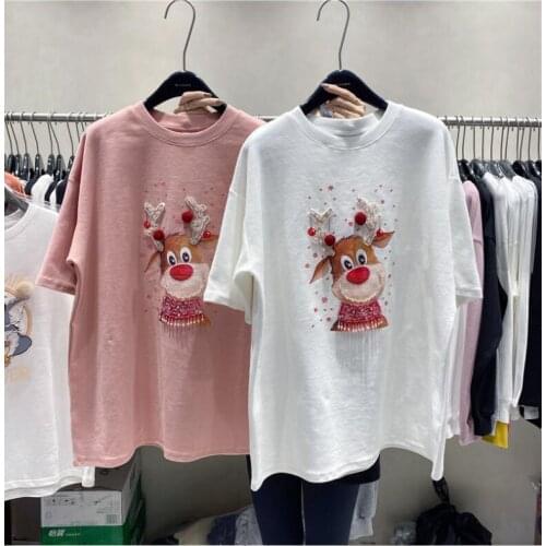 Winter new Embroidery beading Christmas deer short sleeve t shirt women o-neck white tee shirt femme cotton loose basic tshirt
