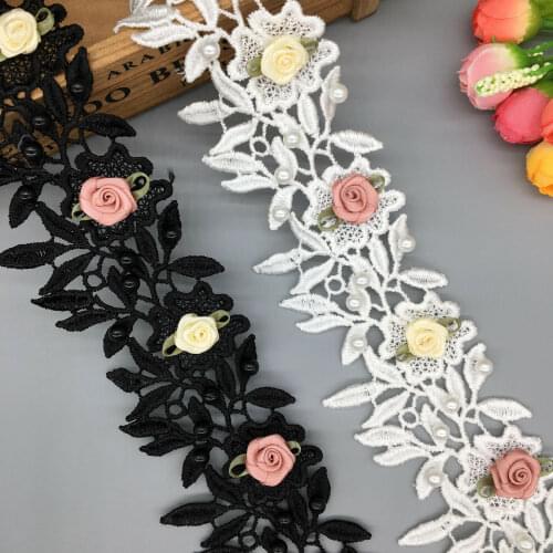 1 yard Colorful Rose Flowers Pearl Beaded Embroidered Lace Trim Ribbon Fabric Sewing Craft For Costume Wedding Dress Decoration