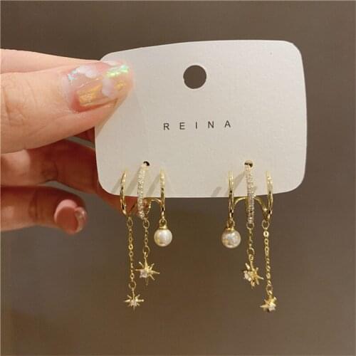 2021 New Gold Plated Star Pearl Triple Tassel Earrings Charm Women Earrings Personality Girl Birthday Party Jewelry Gift
