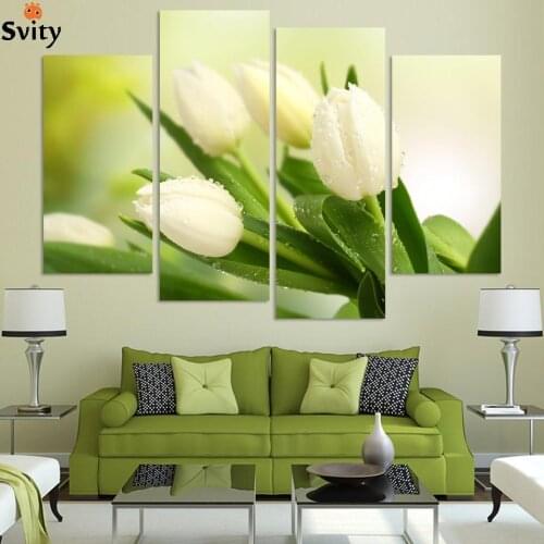 4 Panel Hot Sell Modern Wall Painting Home Decorative Art Picture Paint on Canvas Prints The charming white tulip