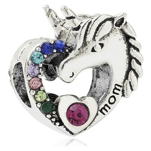 5PCS 2020 Unicorn Mom Beads Multi-Color Crystal Hollow Heart Animal Charms Fit DIY Original Bracelet Charm For Making Jewelry