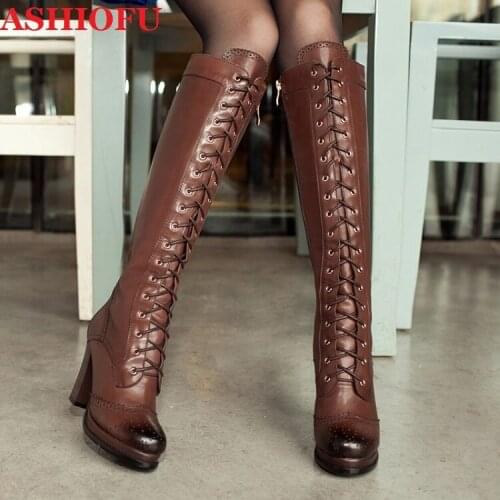 ASHIOFU Handmade Womens Chunky Heels Boots Crisscross Straps Vintage Style Platform Knee High Boots Evening Winter Fashion Boot