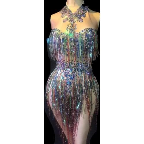 Women Sexy Stage Bodysuit Colorful Tassel Sparkling Crystals Jumpsuit Nightclub Party Stage Wear Dancer Singer Bodysuits