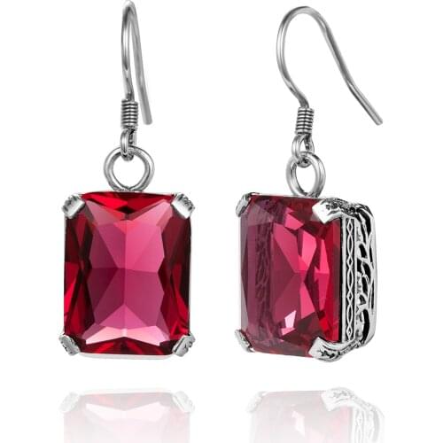 Women Earrings Vintage 925 Sterling Silver Fine Jewelry Retro Bohemia Pendientes Lab Ruby Emerald CZ Stone Lady Party Eardrops