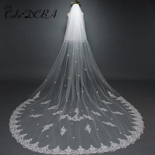 Long Cathedral Wedding Veils Face-Covered 2 Tiers Floral Exquisite Lace Edge Bridal Veil with Comb for Bride Wedding Accessories