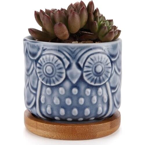 Ceramic Owl Succulent Cactus Planter Pot Set With Bamboo Tray Blue Decoration Desktop Windowsill Bonsai Pots