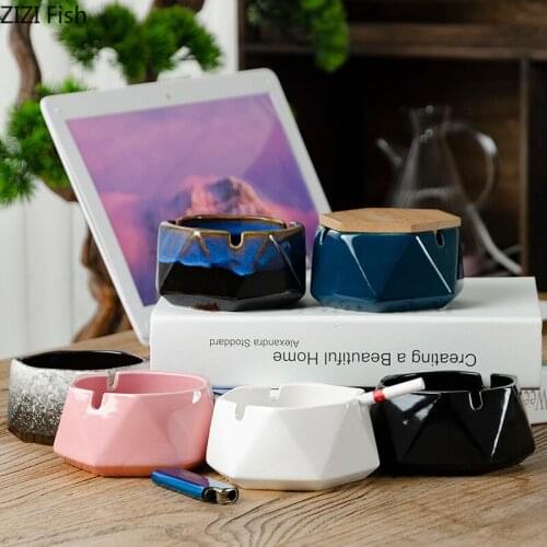 Creative Solid Color Polygonal Ashtray with Wooden Lid Simple Living Room Office Desktop Large Capacity Ash-proof Ashtray Crafts