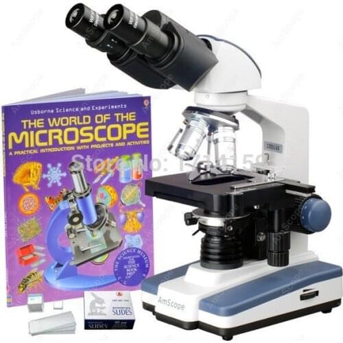 Student Microscope-AmScope Supplies 2500X LED Lab Binocular Compound Microscope w 3D-Stage, Book & Blank Slide Set
