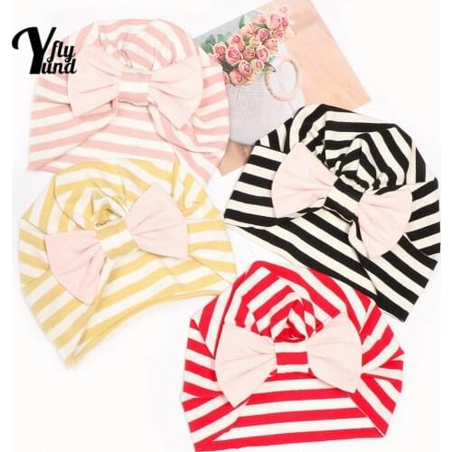Yundfly 20*18 CM Fashion Striped Knitting Cotton Newborn Hats Cute Handmade Bowknot Baby Girls Caps Hair Accessories Photo Props
