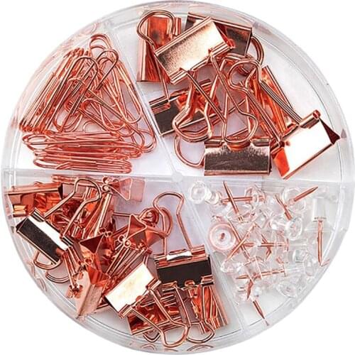 Fashion Binder Clips Paper Clips Push Pins Sets with Box for Office School and Home Supplies Rose Gold Office Tools Set