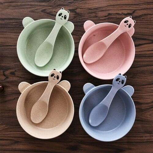 News 1Set Kids Wheat Straw Bowl Children Cartoon Tableware Set Baby Dinner Plate Baby Training Bowl Spoon Fork for Kids