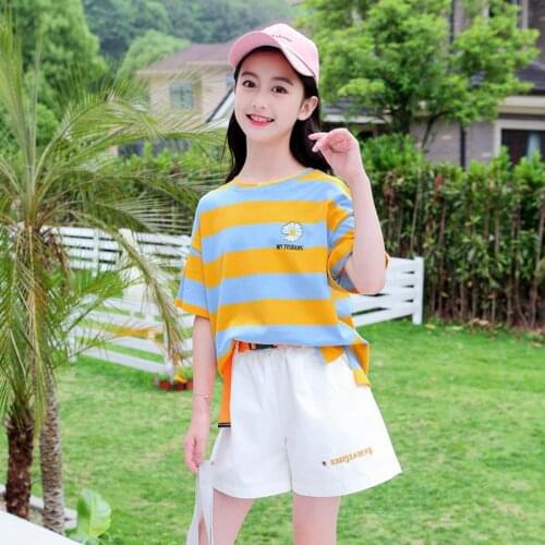 New Girls Clothing Summer Striped T Shirt And Short Pant 2Pcs/Set Children Clothes For 4 6 8 10 12 14 Yrs Girls Clothes Suit