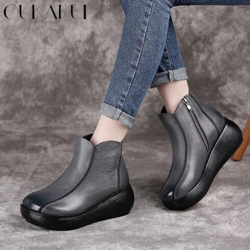 OUKAHUI Spring Fashion Vintage Genuine Leather Flat Platform Ankle Boots Women Slip-On Winter Warm Plush Casual Short Zip Boots