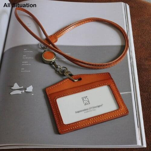 Luxury Cross Style Identity Badge Set Neck Strap Genuine Cow Leather Elastic Easy Pull Buckle ID Bus Card Holder Travel Tag Bag