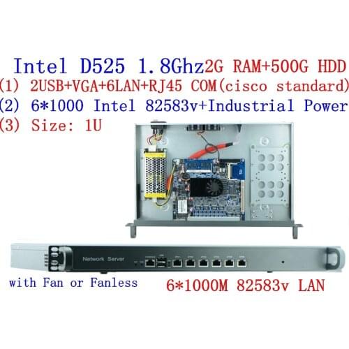 Atom D525 1U firewall server dual core 6*Intel 1000M 82583V support ROS Mikrotik PFSense Panabit Wayos 2G RAM 500G HDD