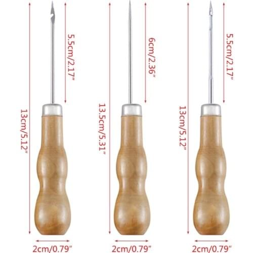 Wooden Handle Shoes Repairing Awl Leather Shoe Sewing Cobbler Tool DIY Craft Repair Hand Stitcher Straight Curved and Hole Hook