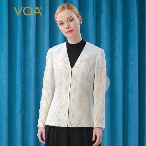 VOA Heavy Silk 30m/m Milk White V-neck Long-sleeved Ogan Yarn Bump Stitching Yellow Wire Embroidered Straight Sleeve Jacket WE77
