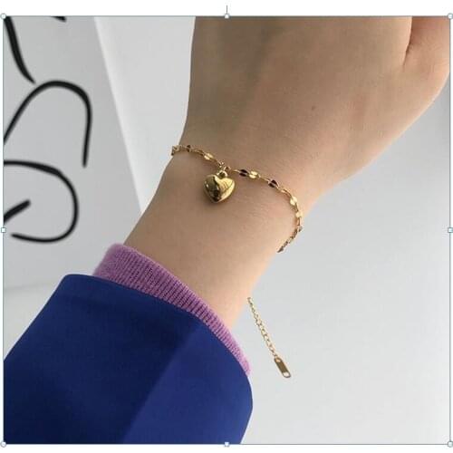 Chic Solid Love Heart Pendant Glittering Stainless Steel Chain Womens Bracelets Gold Fashion 2020 Waterproof Jewelry for Women