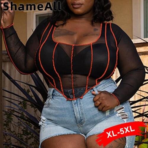 Plus Size Cut Out Triangle See-through Mesh Long Sleeve Tees 4XL Striped Patchwork Crop Tops T Shirt Punk Streetwear Tshirt Y2K