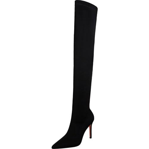 Womens Black Thigh High Boots Stylish Faux Suede Shoes Cozy Lining Sexy Point Toe 9cm Heel Over Knee Boots Ladies Party Shoes