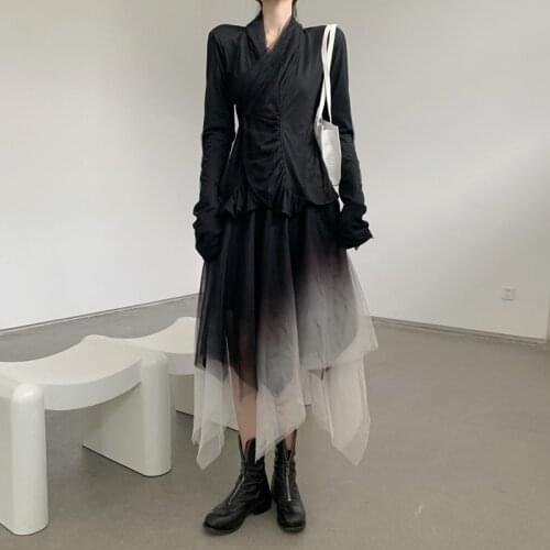 2PC Women Dark Black Fashion Retro Dress Suits Outfits Long Sleeve Wrap Slim Shirt&Gradient Color Irregular Mesh Skirt Sets