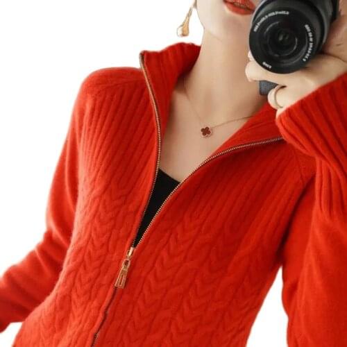 2021Spring Autumn Sweater Cardigan Women Solid Elegant Long Sleeve Stand-up Collar Knitted Coat Casual All Match Zipper Sweater