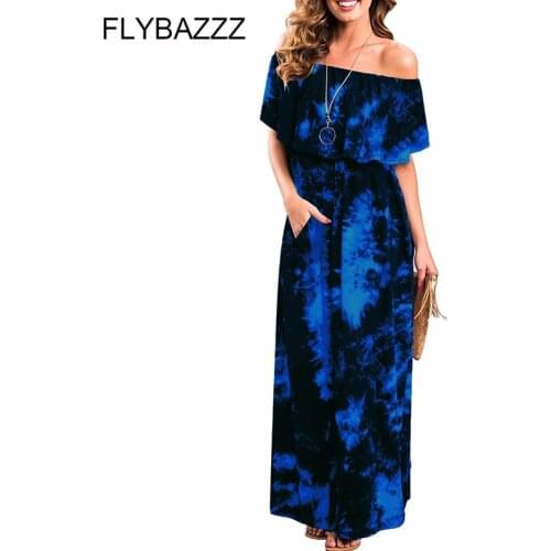 Off Shoulder Tie-Dye Print Vintage Long Dresses Women Sexy Ruffle Side Split With Pocket Dress Holiday Loose Beach Maxi Dress2XL