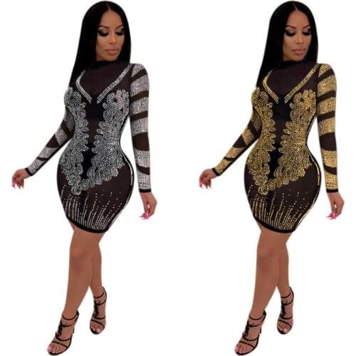 Women Diamonds Long Sleeve Dress Fashion Sheer Mesh Rhinestone See Through Mini Outfits New Winter Party Club Bodycon Vestidos