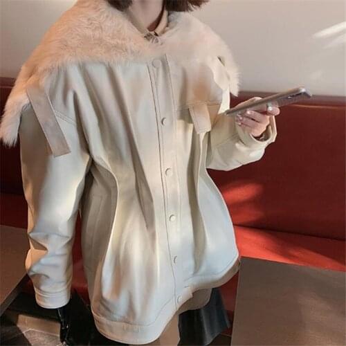 2020 Winter New PU Leather Cotton Padded Coat Womens Mid-length Lambswool Sailor Collar Stitching Thick Jacket
