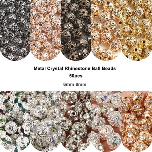 50pcs 6mm 8mm Metal Crystal Rhinestone Ball Beads Round Loose Spacer Beads For Jewelry Making Diy Bracelets Necklace Accessories