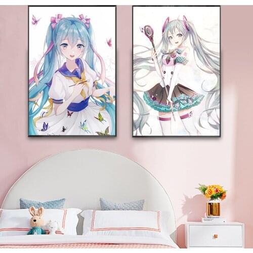 WTQ Anime Poster Miku Blue Double Ponytail Girl Comics Retro Poster Canvas Painting Wall Decor Poster Wall Art Picture Home Deco