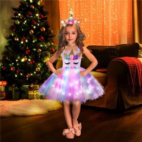 2 Pcs/Set Girls Shiny Unicorn Tutu Dress And Headwear LED Light Sequined Princess Dresses Halloween Christmas Cosplay Costumes