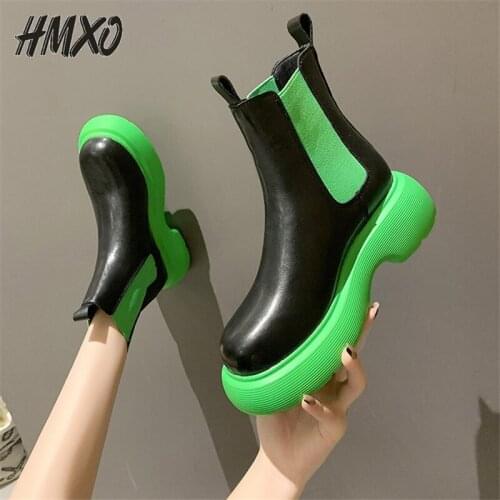 HMXO Martin Boots Autumn Thick-soled Short-tube Women Boots Set Foot Shoes Height Ankle Female British Green Girl Leather Boots