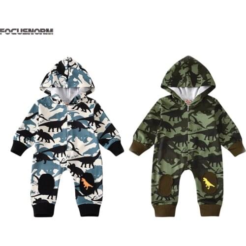 FOCUSNORM Baby Boys Rompers Camouflage Dinosaur Print Long Sleeve Zipper Spring Autumn Fashion Casual Wild Hooded Romper