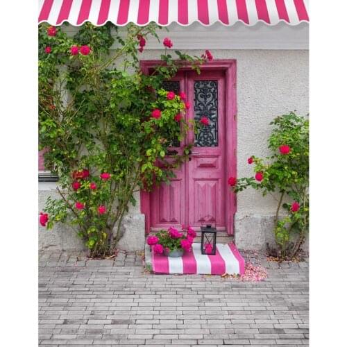 TR 5x7FT Green Branch House Pink Window Wood Door Sill Bricks Yard Custom Photo Studio Backdrops Backgrounds Vinyl 220cm x 150cm
