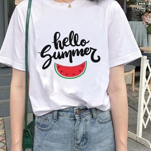 Watermelon Fruit Cartoon Fun Ladies T-shirt Fashion Women Tee Top Graphic T Shirt White Round Neck tee shirt femme