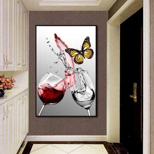 Red Wine Champagne Canvas Painting Wall Art Wine Glass Butterfly Picture Posters Print Craft for Living Room Bedroom Decoration