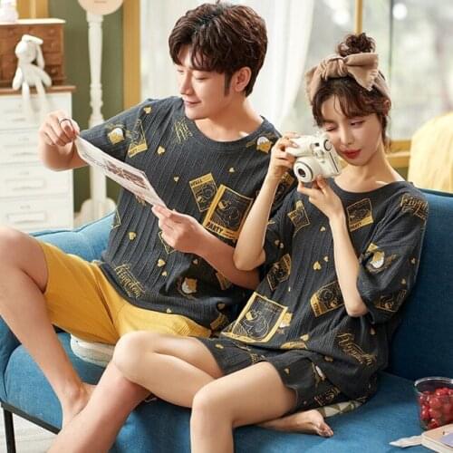 Sweet Girls Pajamas Set Cotton Summer Short Sleeve Couple Sleepwear Korean Gray Cartoon Family Nightgown Women And Man Home Wear