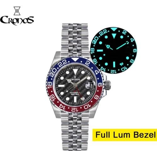 Cronos GMT Automatic Men Watch Bidirectional Bezel Sapphire Carbon Fiber Dial 20 ATM Solid 5 links Metal Bracelet BGW-9 Lum