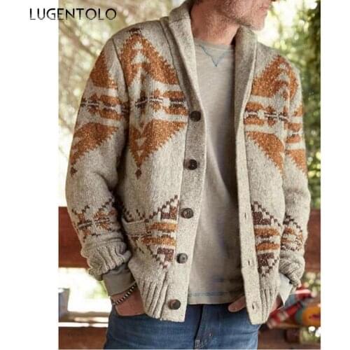 Men Sweater Autumn Winter Cardigan Sweaters Mens Fashion Jacquard Sweater Long-sleeved Casual Loose Sweater Lugentolo