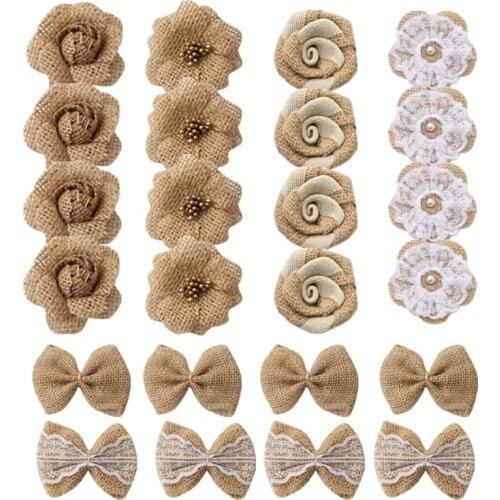 24pcs Burlap Flowers Set Handmade Burlap Flowers and Bowknots Natural Fabric Craft Ribbon for Wedding Party Decor DIY Crafts