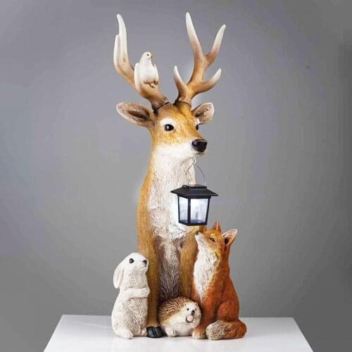 Solar Garden Statue Resin Deer and Friends Sculpture Animal Figures for Outdoor Decoration