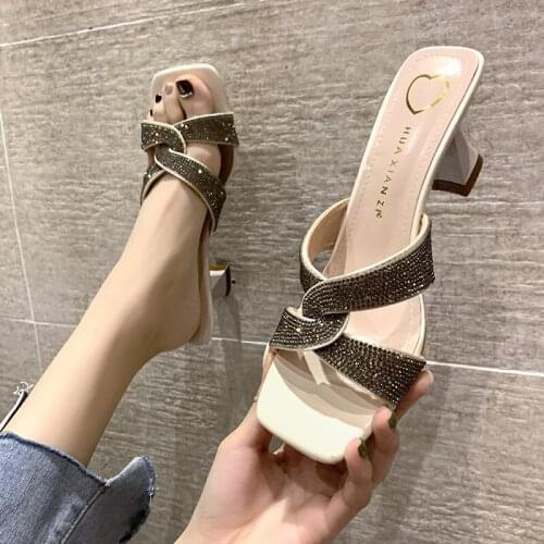 New Ladies Slippers Sandals and Slippers Square Head Stiletto Sandals Ladies Summer Outdoor Beach Slippers Women Woman Shoes 40