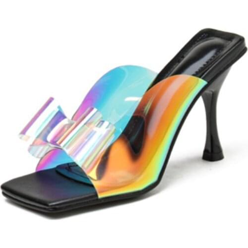 Colorful Sandals Women Bow-knot Non Slip Clear High Heels Square Toe Peep Toe Ladies' Shoes Fashion High Heels Front Strap
