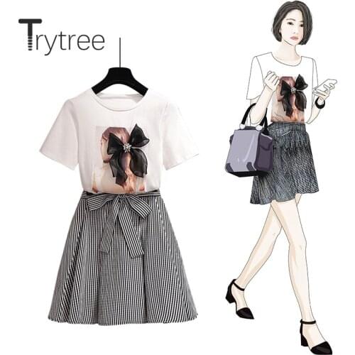Trytree 2020 Summer Women two piece set Casual O-neck Bow Loose T-shirt Tops + Skirt Stripe Belt Fashion Set 2 piece set