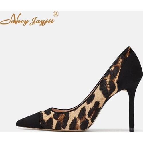 Adult shoes Woman pupms Flock Solid Leopard Print Super High thin heels Pointes Toe Slip-On Sewing Casual Basic Fashion Sexy2018