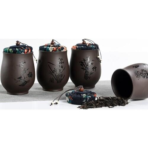Chinese Style Vintage Tea Storage Caddy Natural Purple Clay Plum Orchid Bamboo Chrysanthemum Jar Art Seal Box Tea Accessories