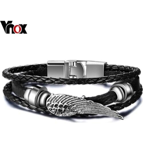 Vnox Black Braided Multi-Layers Leather Bracelet Rock Feather Design Charm Chain 8.6"
