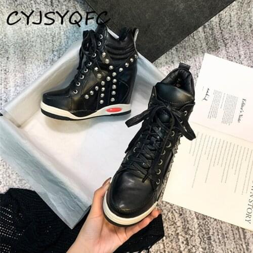 CYJSYQFC Rock Rivet Wedge High Platform Women Sneakers Black White Hidden Heel Ankle Boots Lace Up Increase Height Comfort Shoes