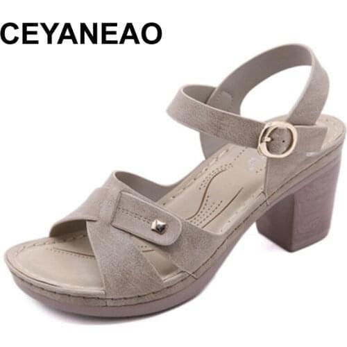 CEYANEAO Women New 2021 Sandals Open Toe 7.5cm High Wood Heels Buckle Non-Slip Sewing Colorful Soft Casual Summer Red